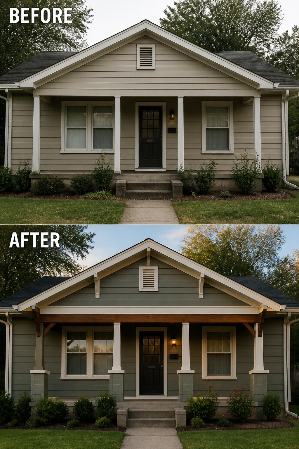 Before and after of house with new green siding, wooden porch beams and trim.