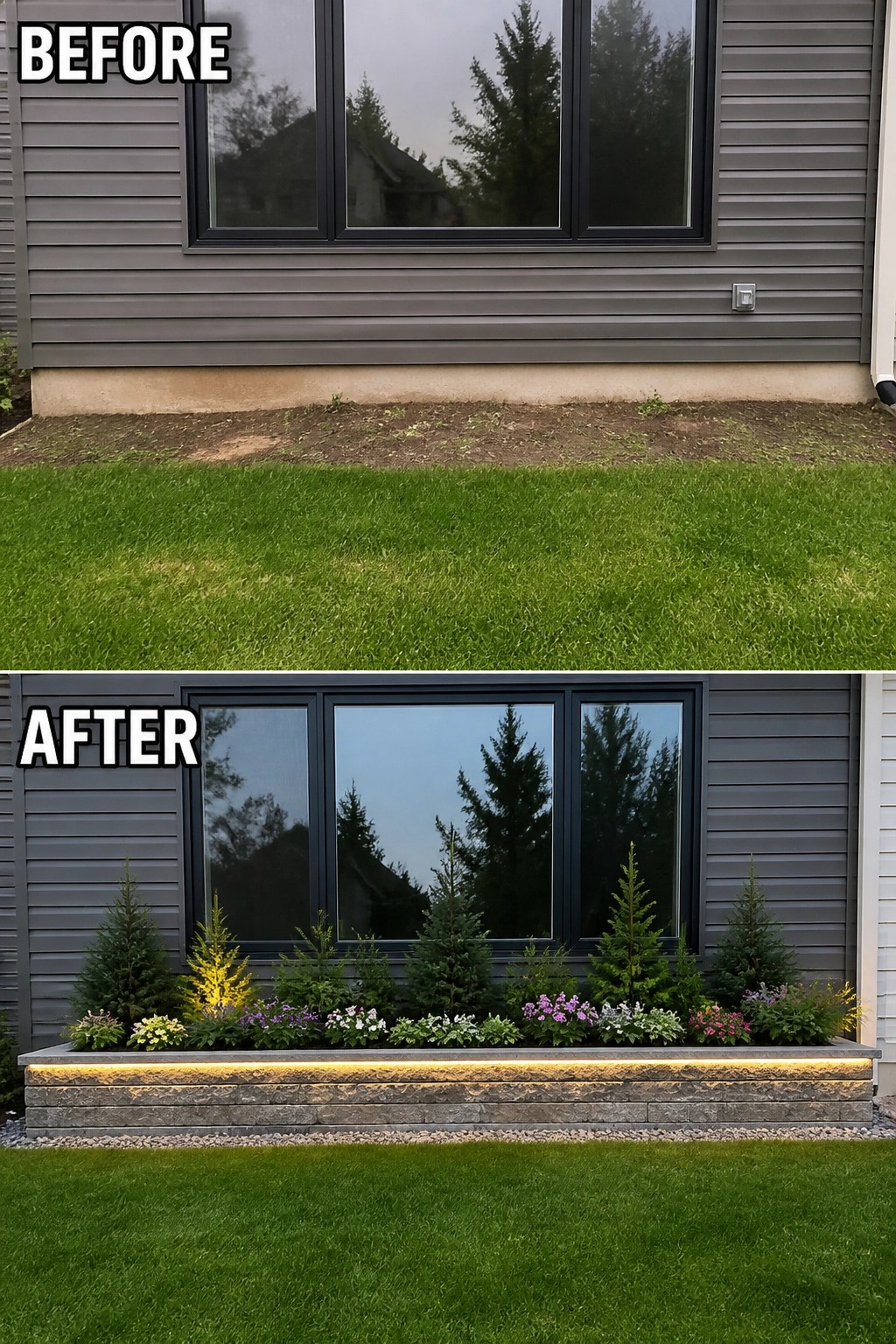 Before and after of gray house window with added illuminated stone planter garden