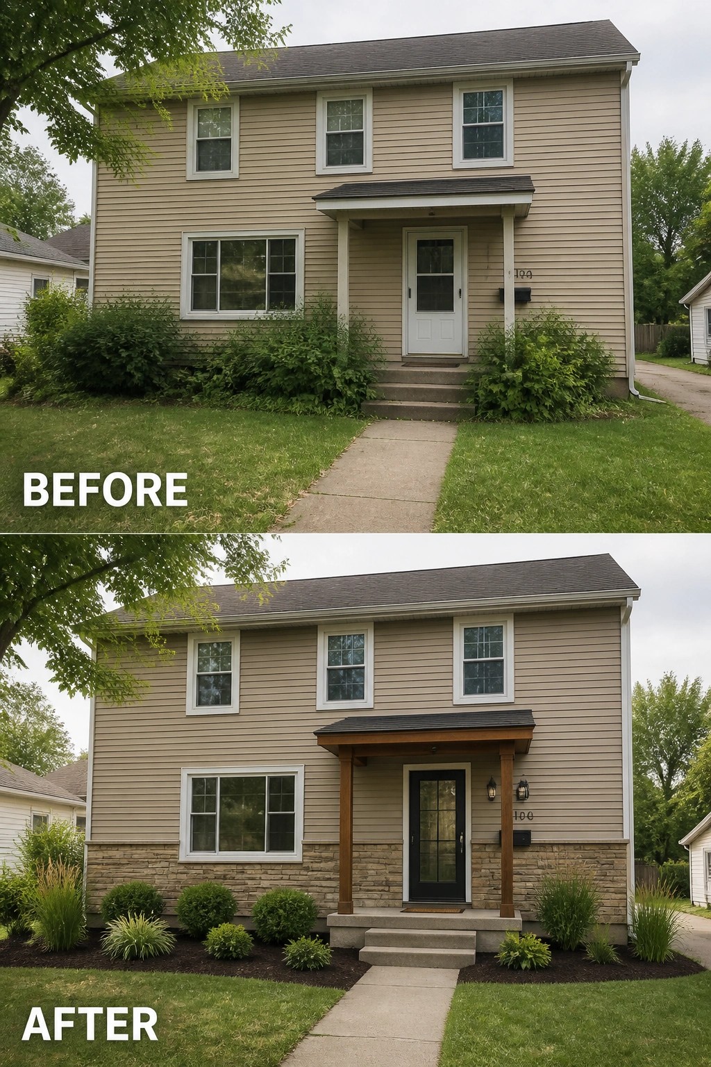 Two-story beige house before and after porch, door, and landscaping renovation