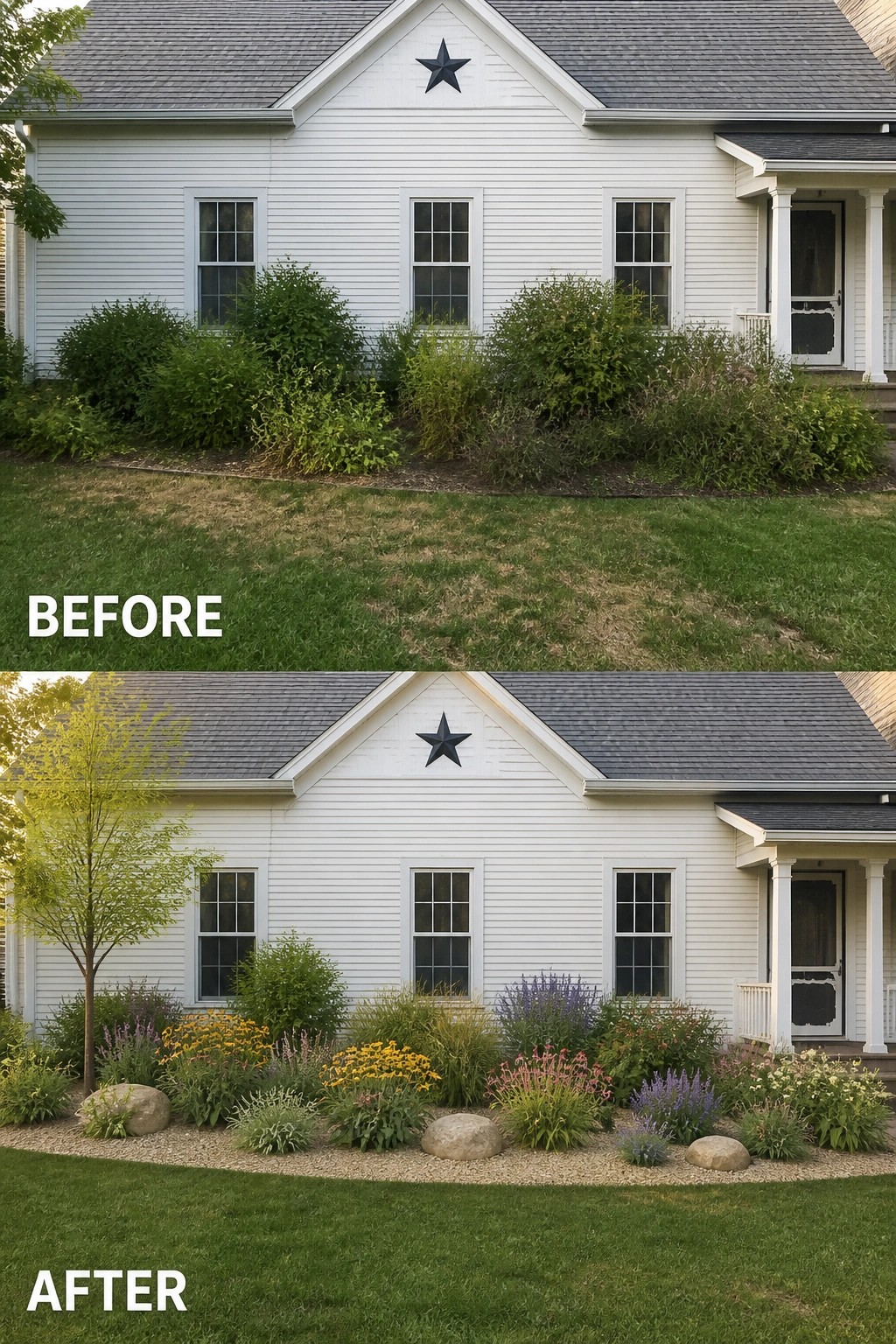 Before and after of white house with new colorful garden landscaping