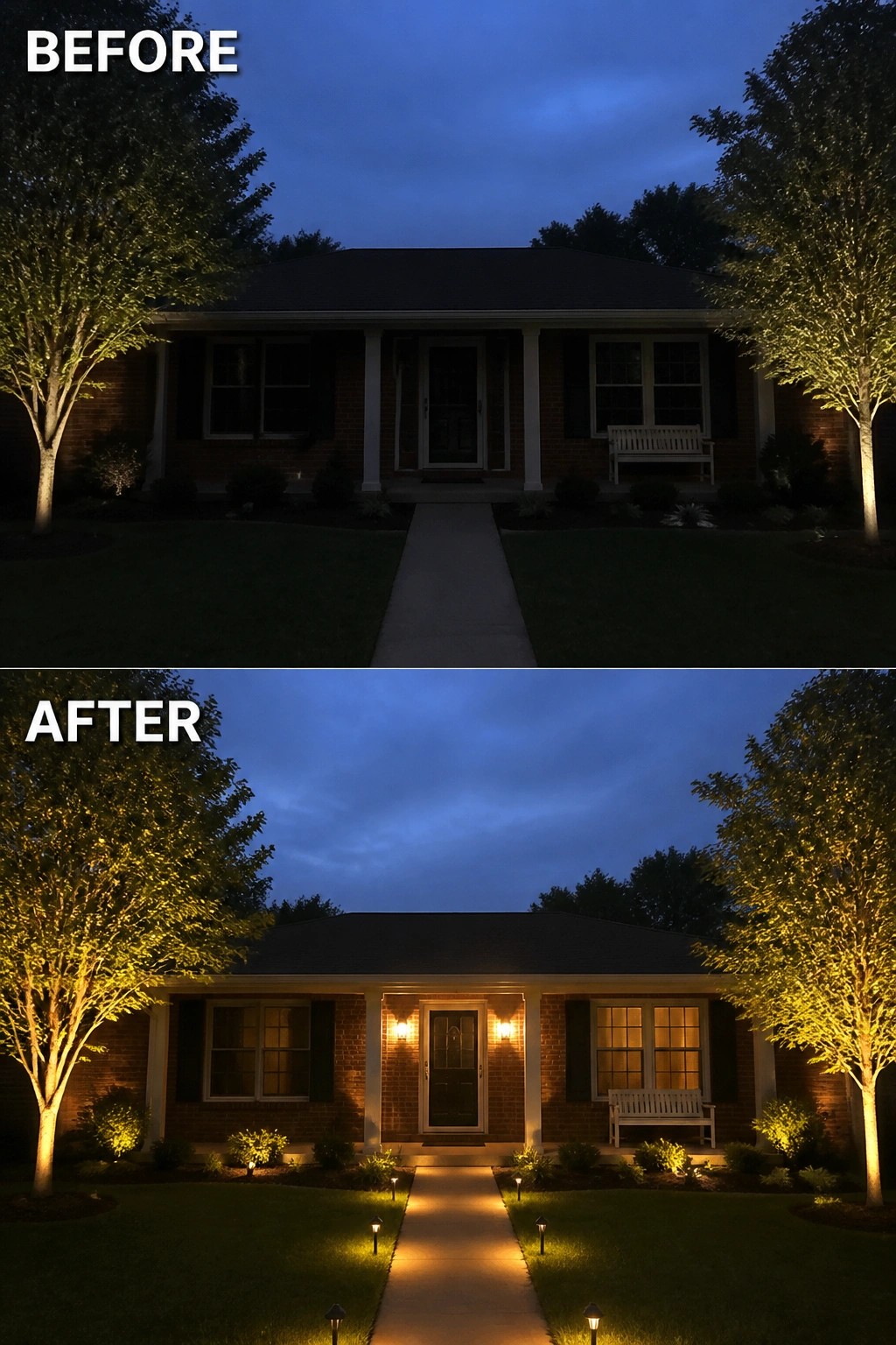 Before and after of brick house with added pathway and landscape lighting at dusk