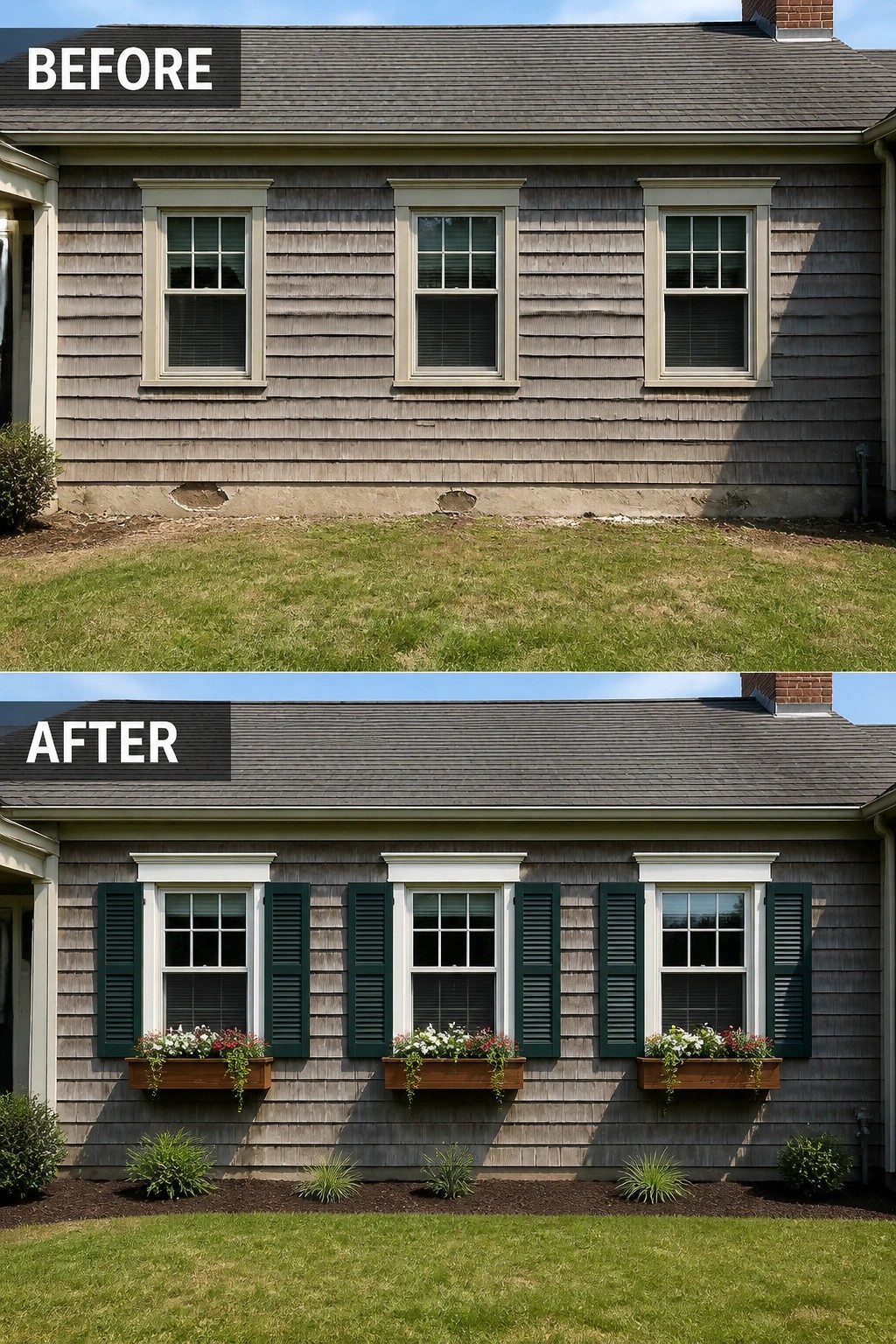 Before and after house with added green shutters, flower boxes, and landscaping