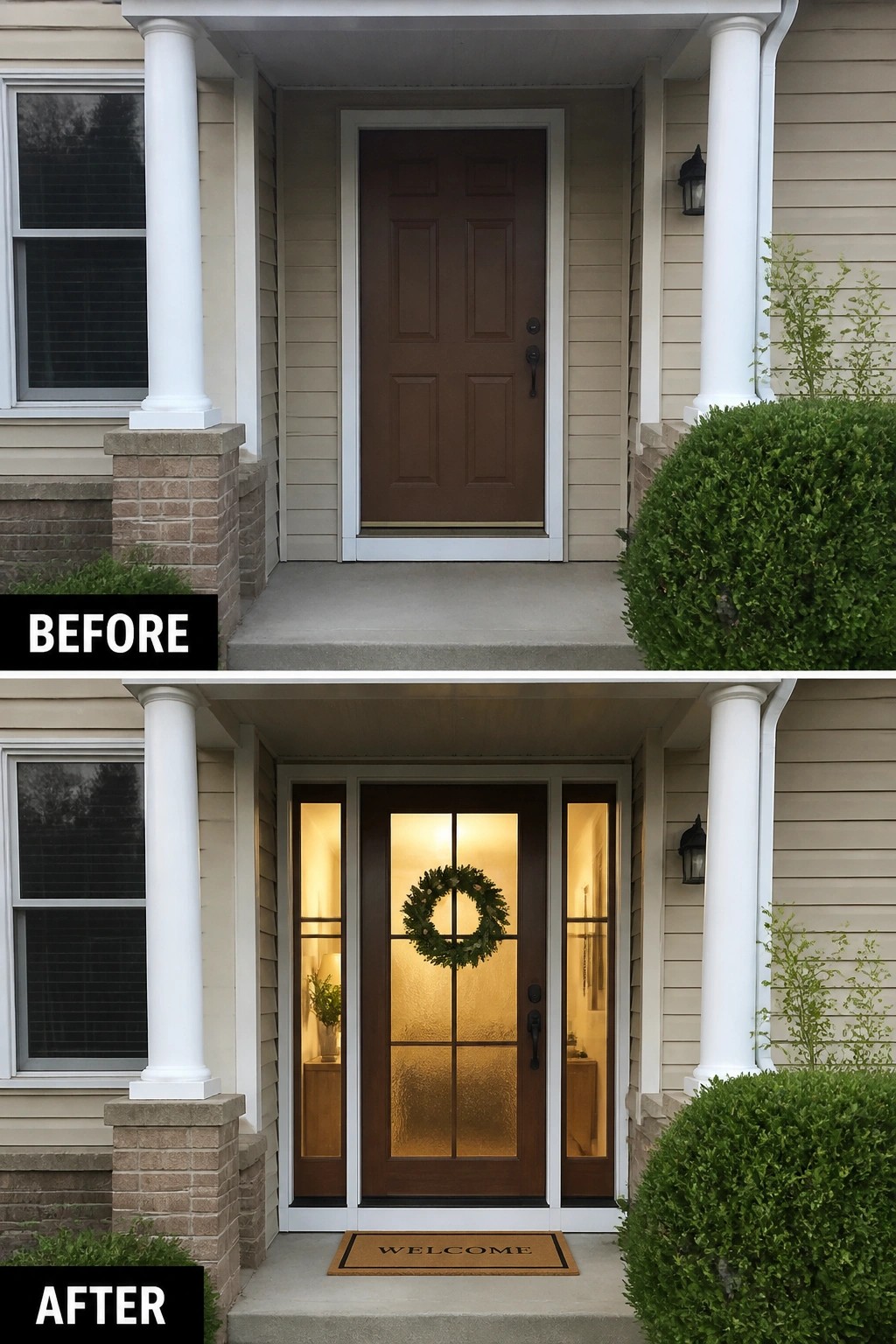 Before and after of brown door updated with glass panels, wreath and welcome mat.