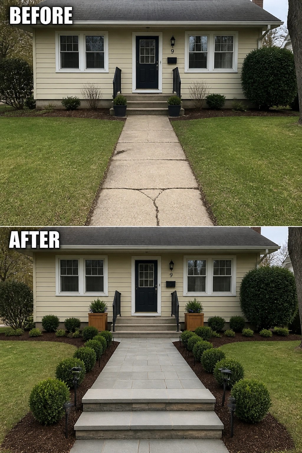 Before and after of house with new stone walkway and lush landscaping.