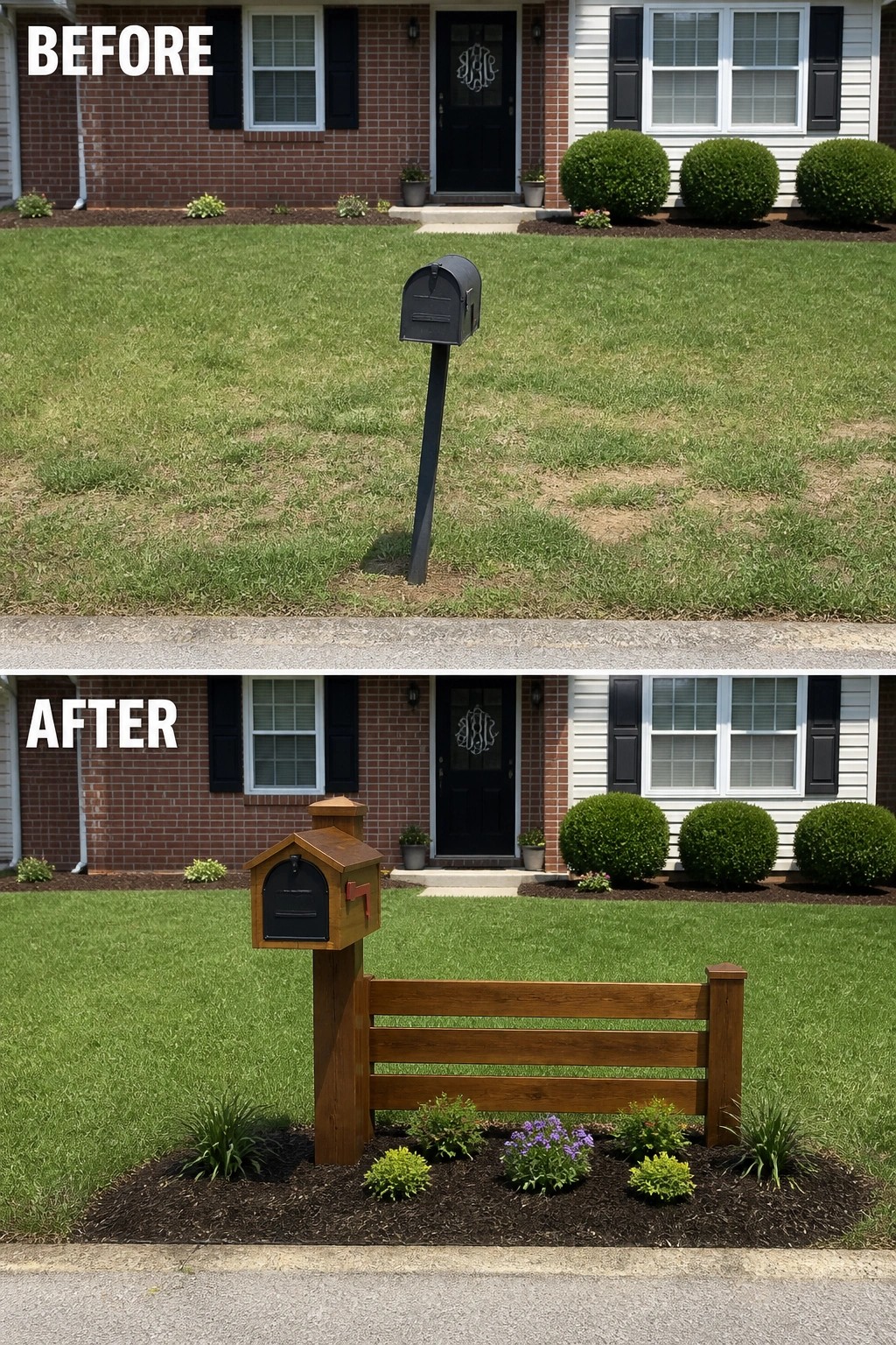 Before and after of black mailbox replaced by wooden mailbox with fence and garden.