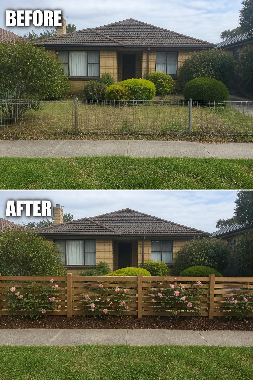 Before-after house yard with wire fence replaced by wooden rose trellis