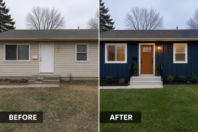 Before-and-after image of a house exterior showing light beige siding changed to dark blue siding with a white door replaced by a wood door and added entry steps with planters.