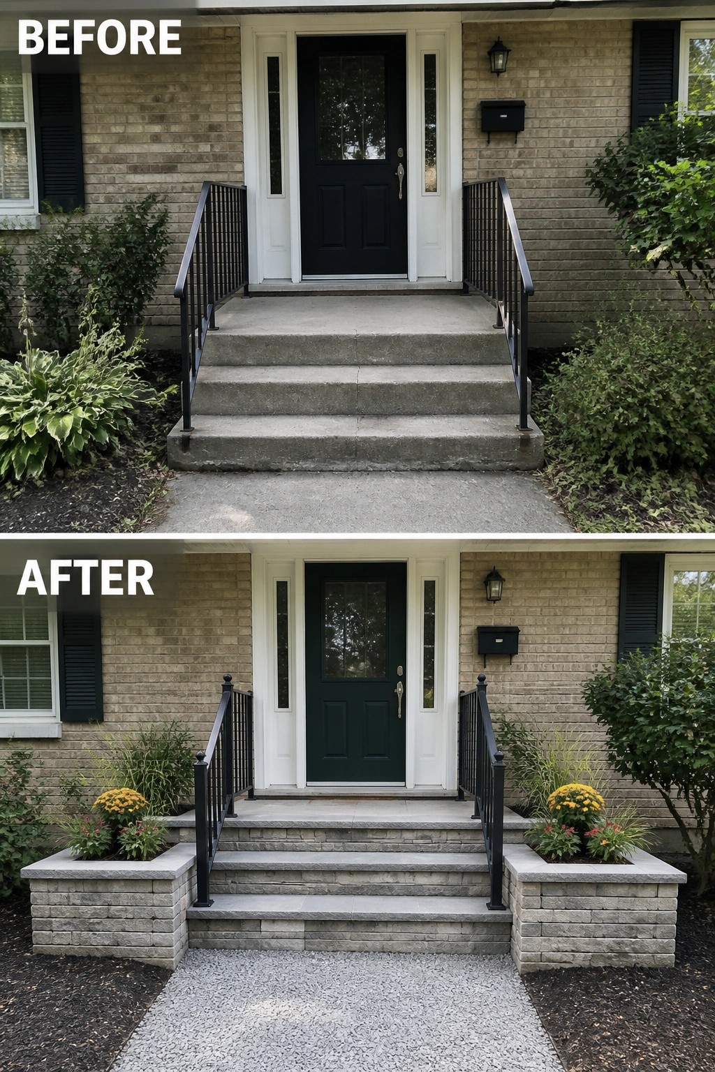 Before and after front steps renovation with stone, planters, and gravel path.