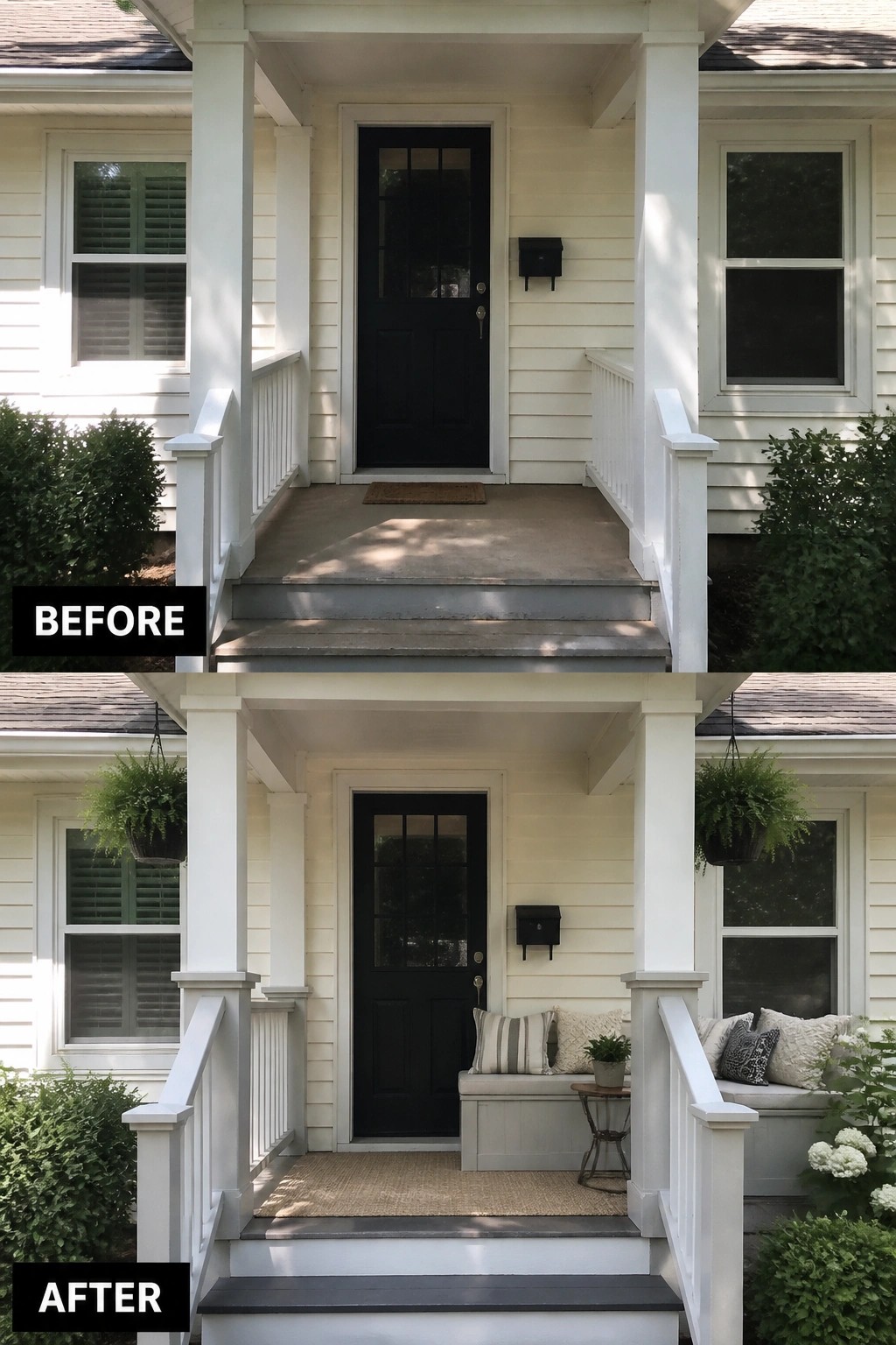 Before-and-after porch with black door, white columns, plants, bench, and cushions.