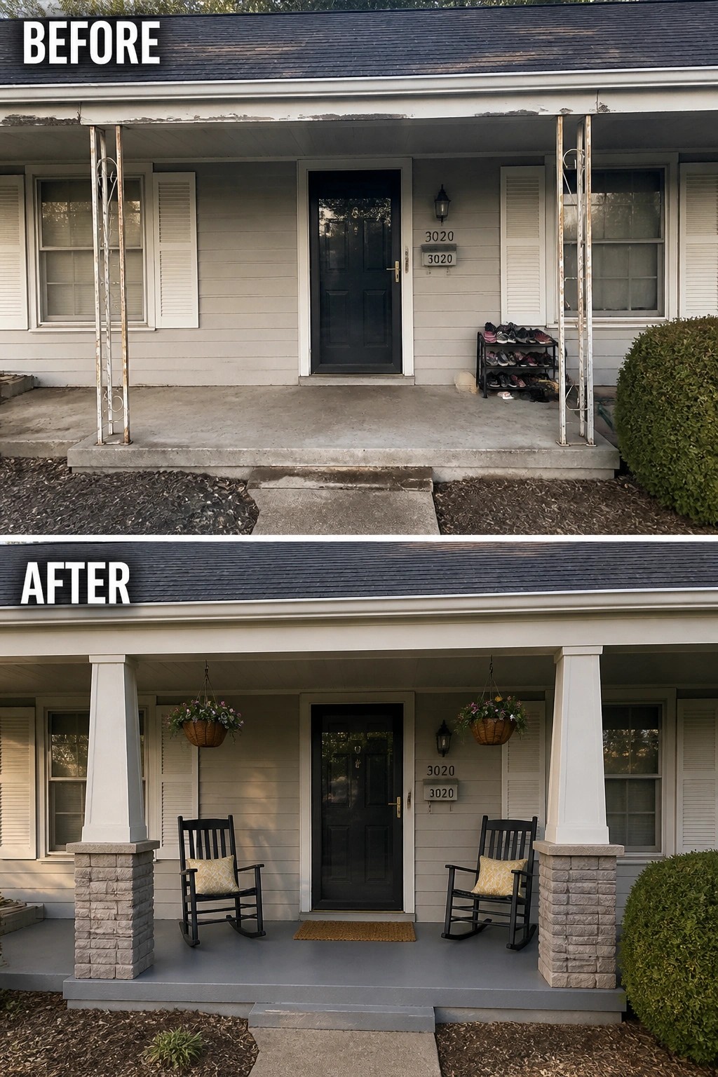 Before and after of front porch with new columns, rocking chairs, and hanging flowers