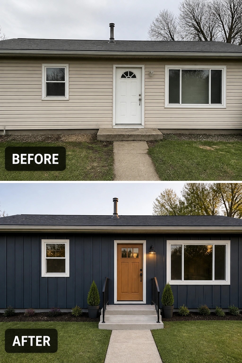 Before-and-after image of a house exterior showing light beige siding changed to dark blue siding with a white door replaced by a wood door and added entry steps with planters.