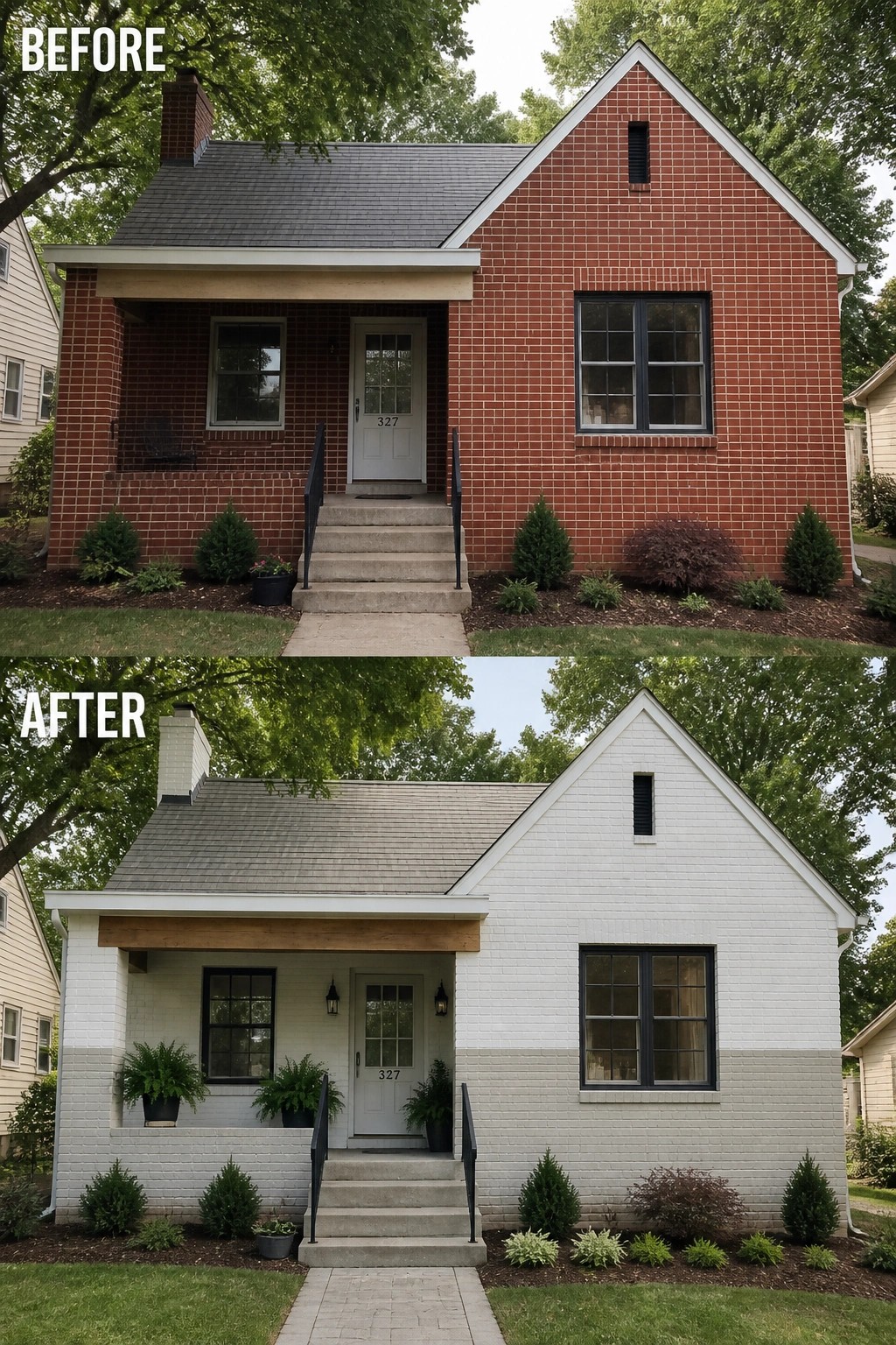 Before-and-after image of a red brick house with a basic entry changed to a white painted brick exterior with an updated porch and added lighting.