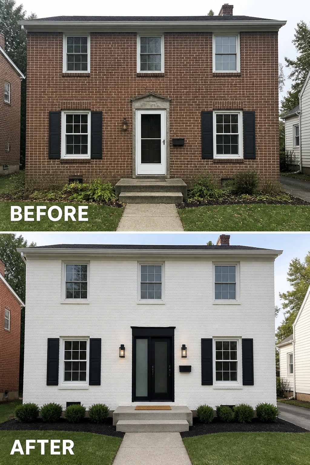 Before and after of brick house painted white with black door and shutters
