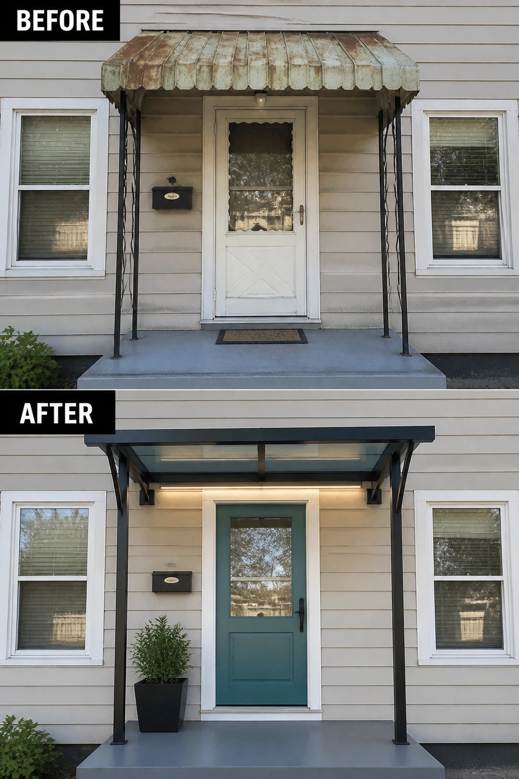 Before-and-after image of a house front entry showing a rusty awning and white door replaced with a modern dark canopy and teal door.