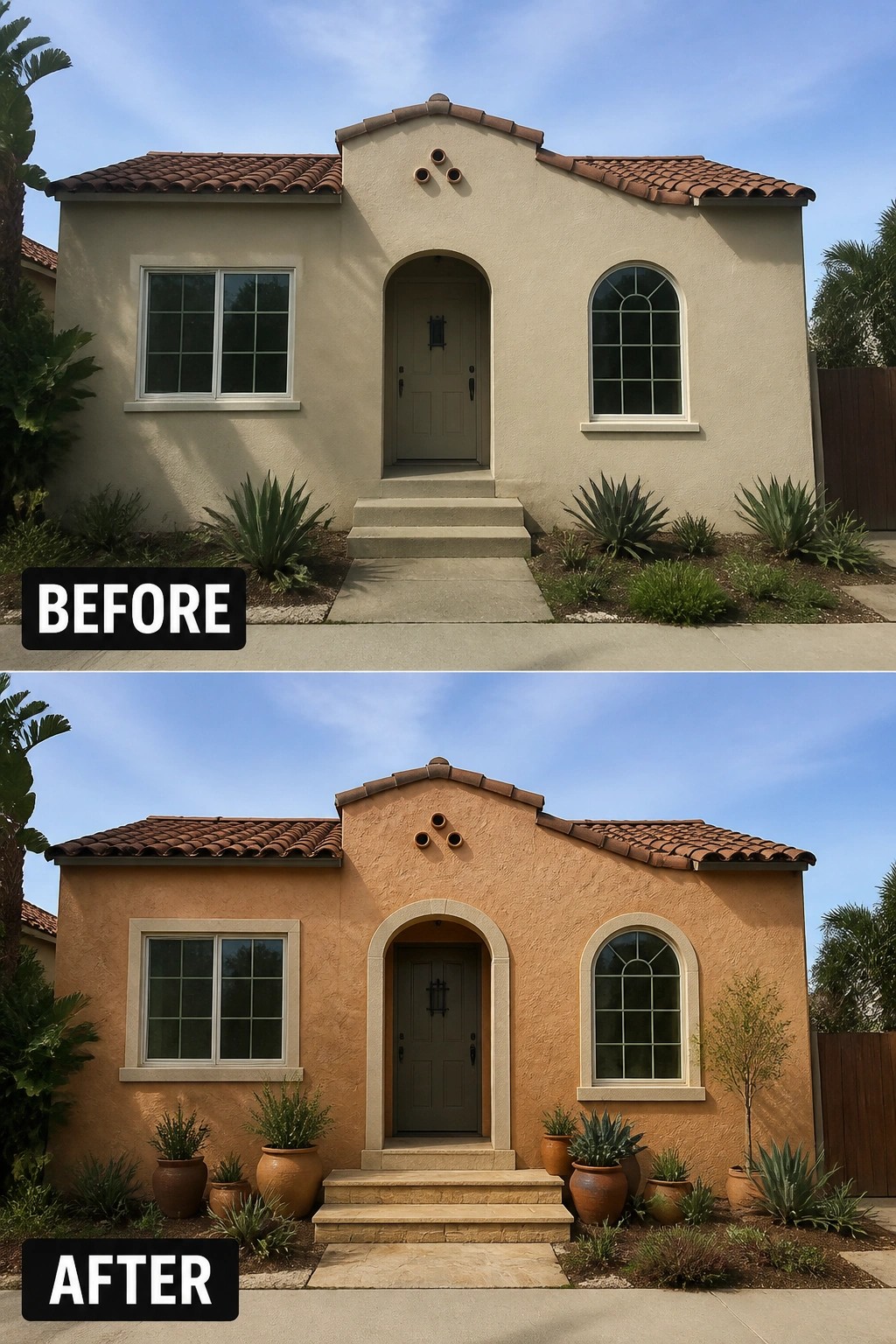 Before-and-after image of a house exterior showing plain beige walls changed to a warm terracotta color with added terracotta pots and updated landscaping.