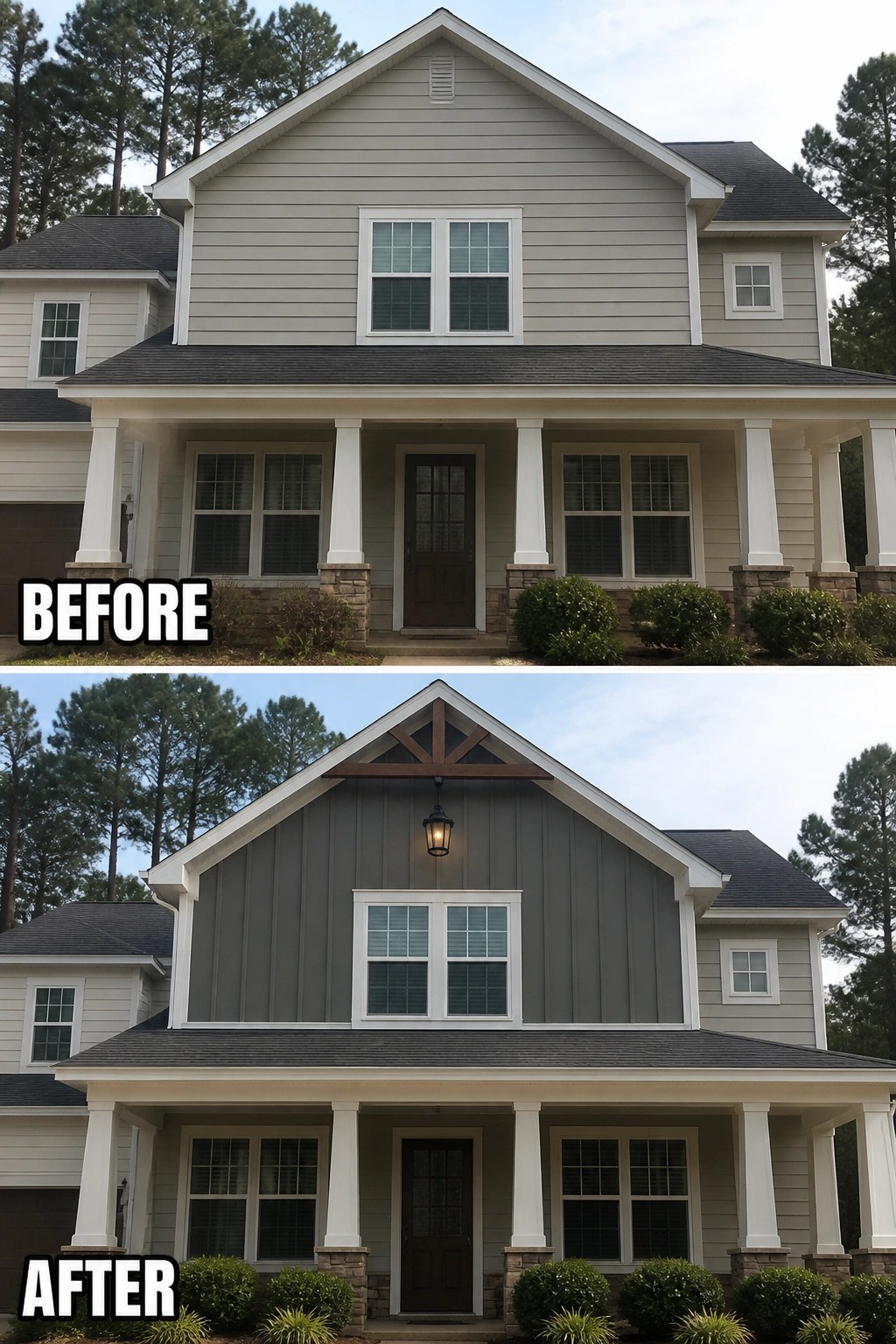 Two-story house before and after with lighter vs darker gray siding and gable update.