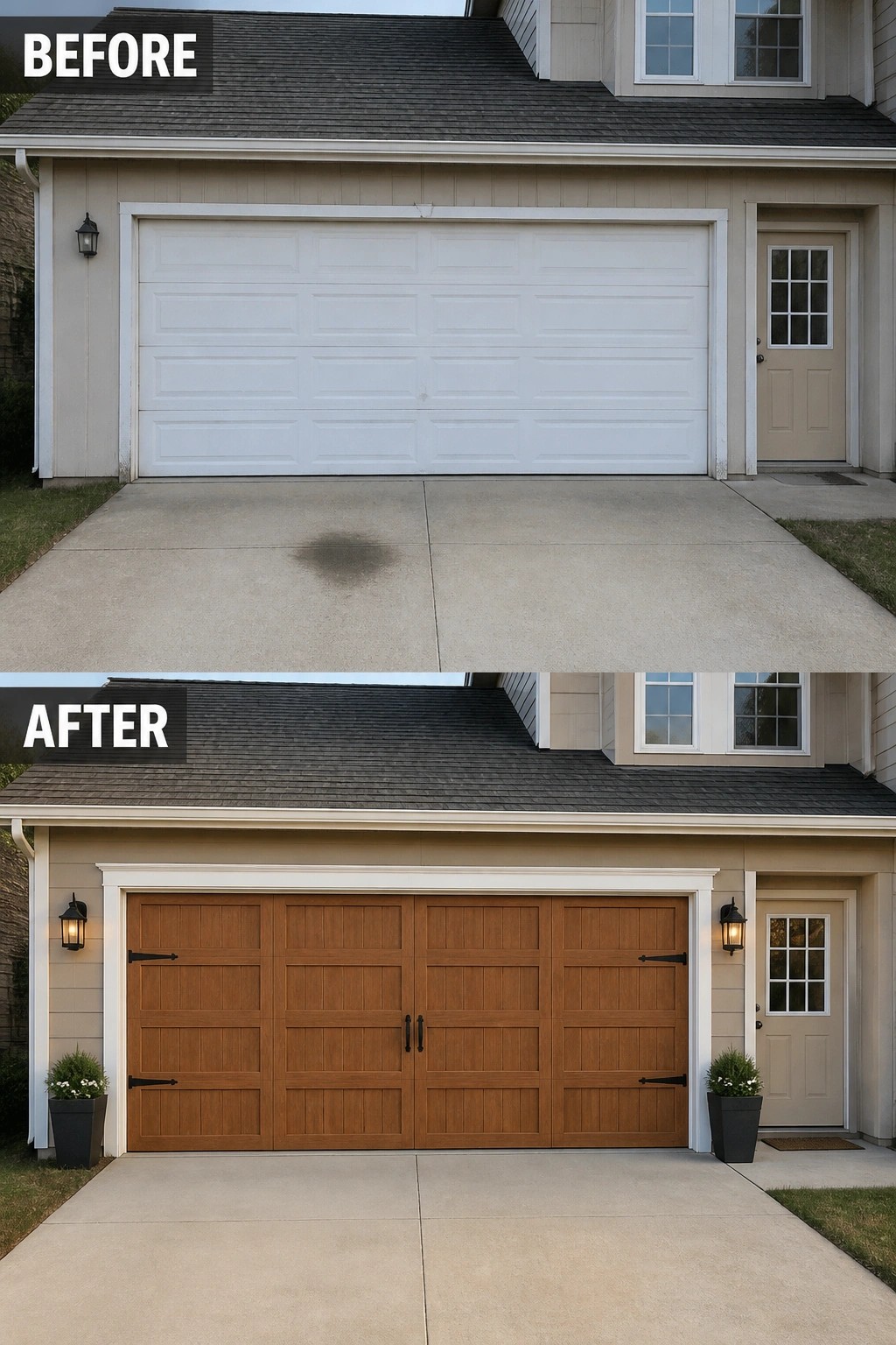 Before-and-after views of beige house with white versus brown wooden garage door.
