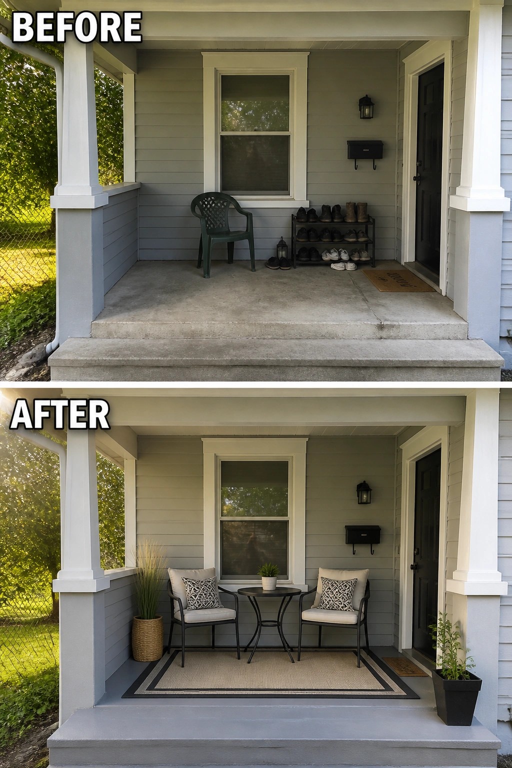 Before and after porch with new chairs, table, rug, and plants.