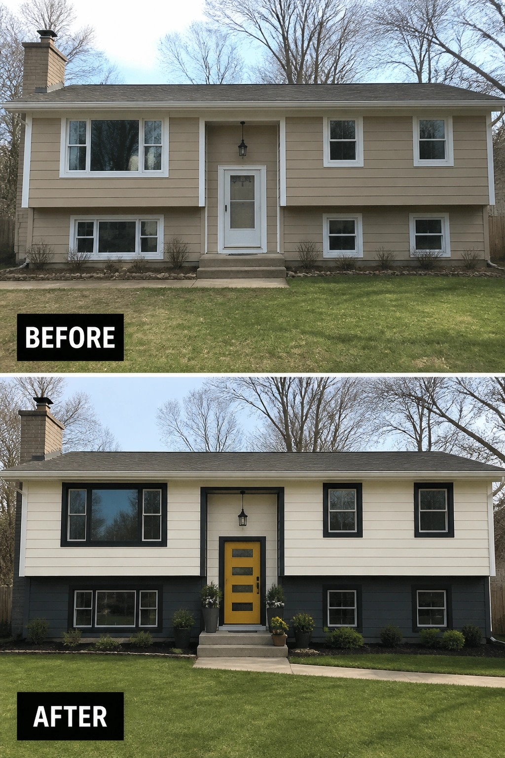 Before and after house exterior with updated paint, trim, and yellow door.