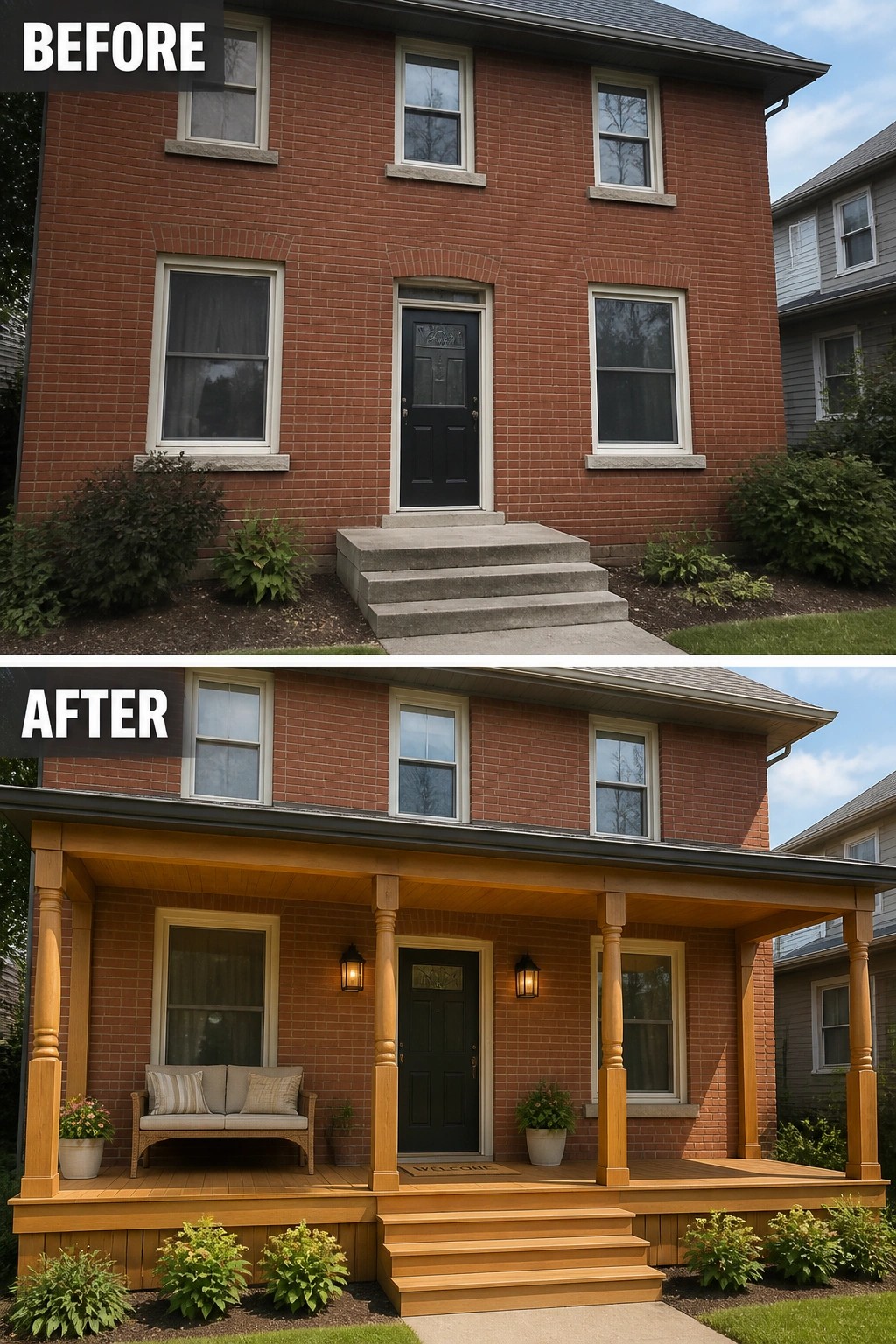 Red brick house before and after adding a large wooden front porch.