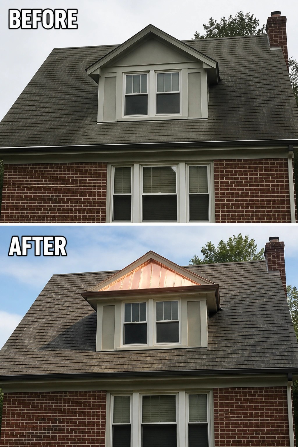 Before and after house dormer with new copper roof on brick home.
