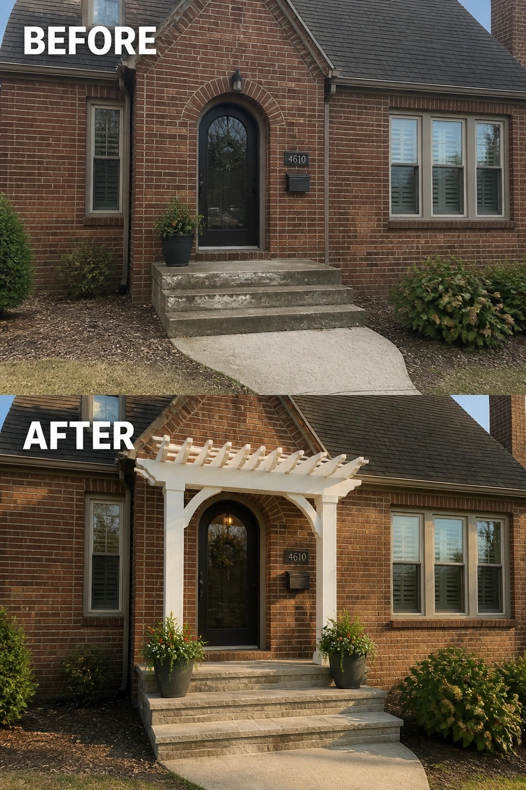 Before and after of brick house entrance with added white pergola and flower pots.