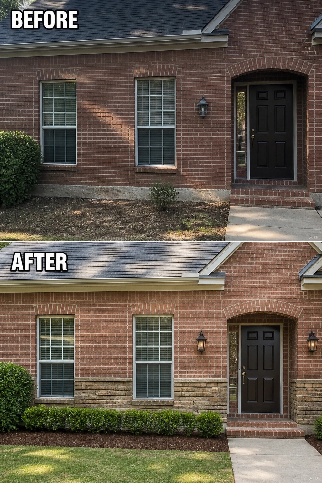 Before-and-after image of a brick house exterior updated with a stone foundation band, planted garden beds, and added exterior lighting.