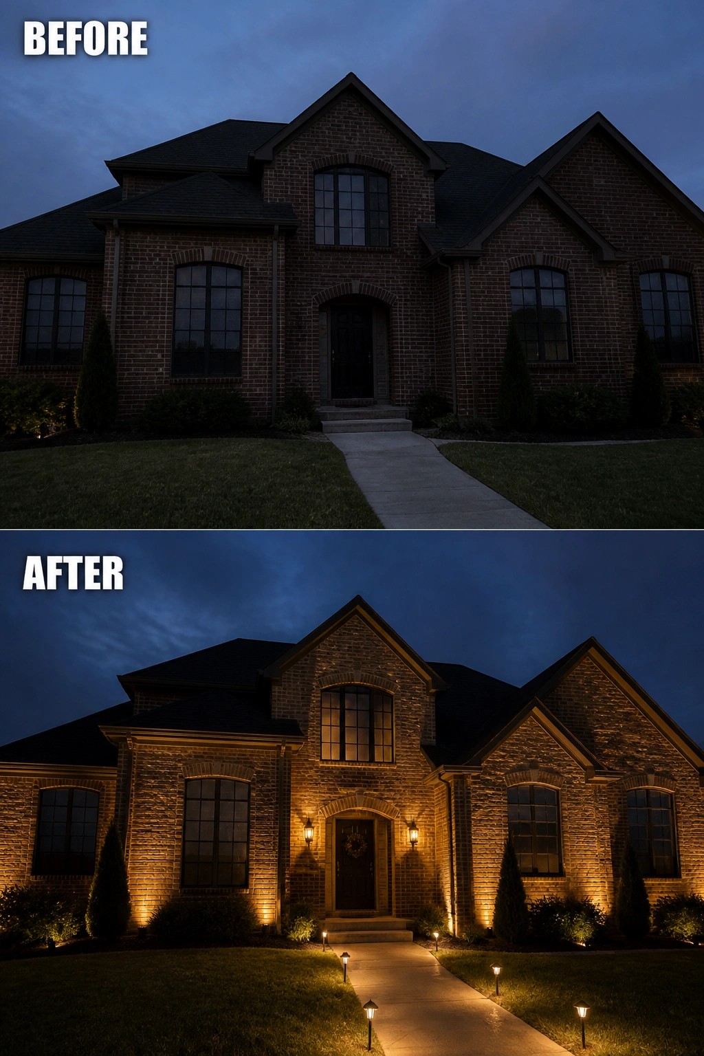 Before and after views of brick house with added warm exterior lighting at night
