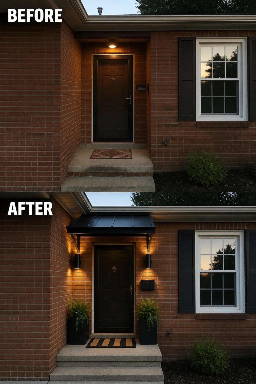 Before and after views of brick house entrance with new awning, lights and plants.