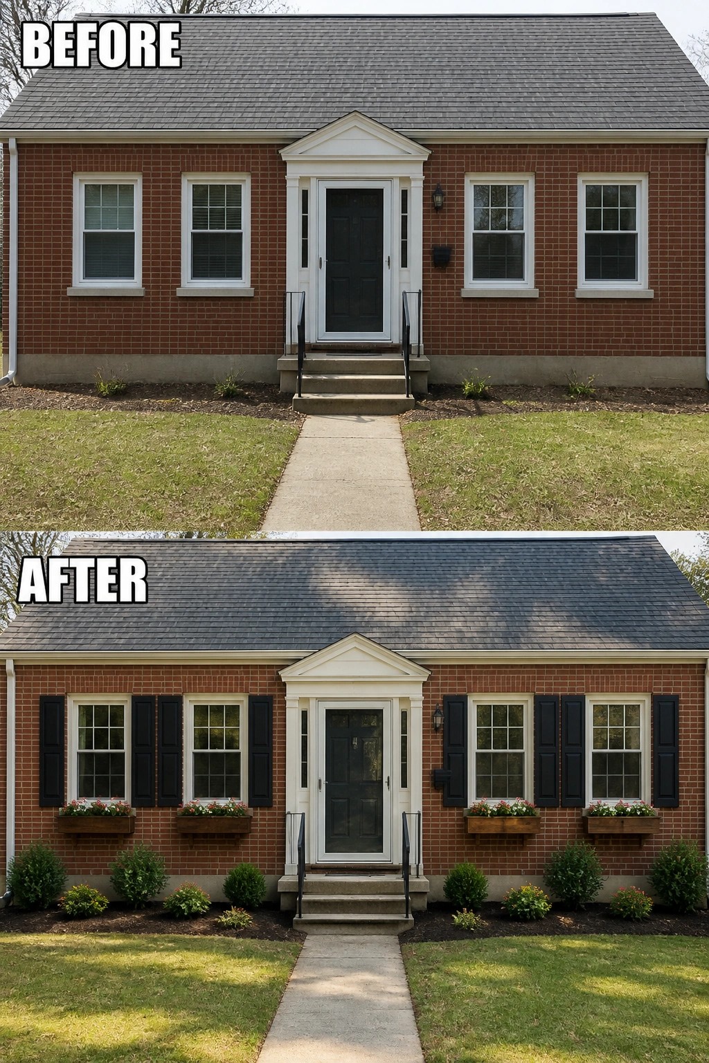 Before-and-after image of a brick house exterior updated with black shutters, flower boxes, and added landscaping.