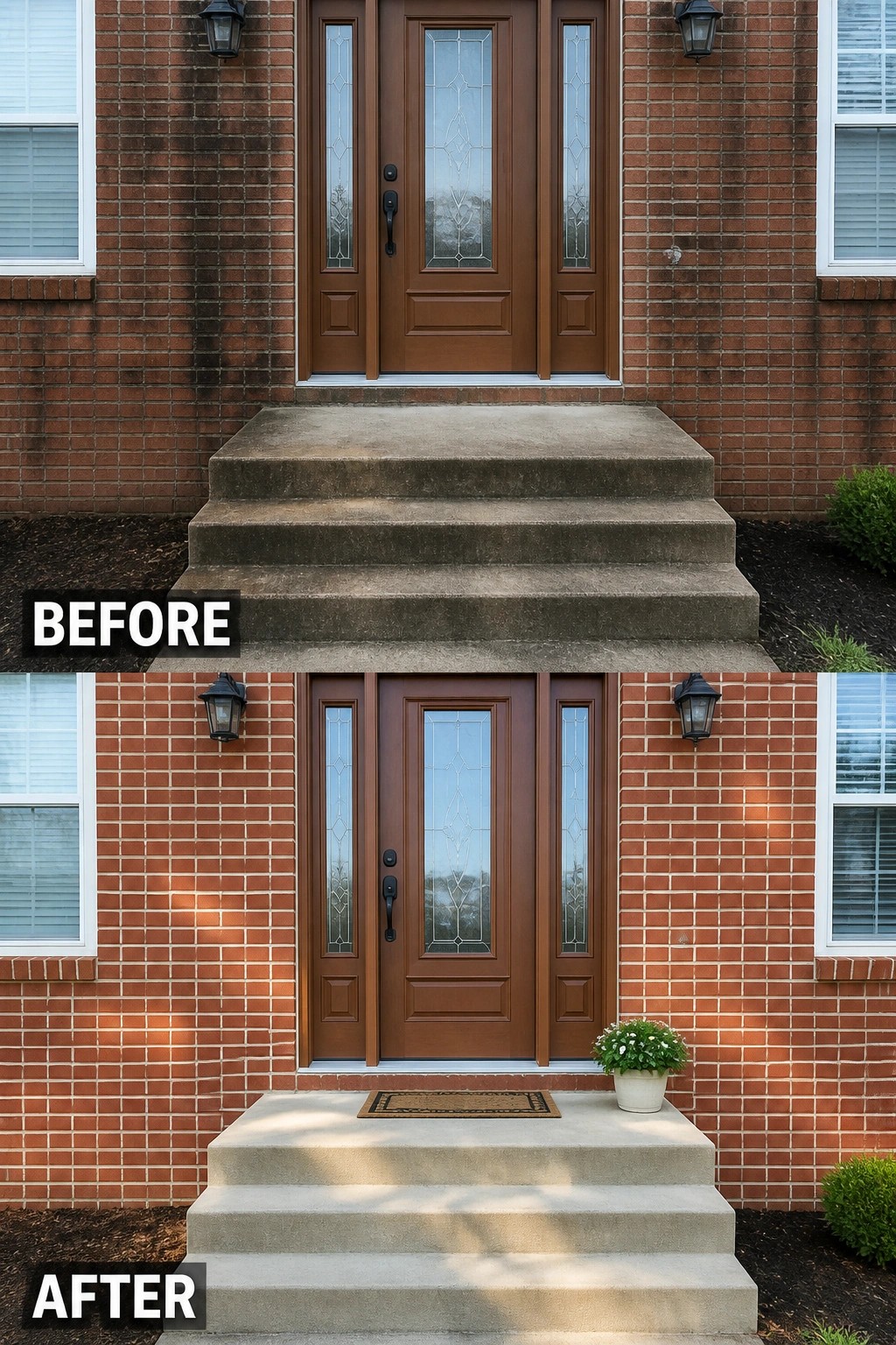Before-and-after image of a brick home front entry updated with a doormat and potted plant.
