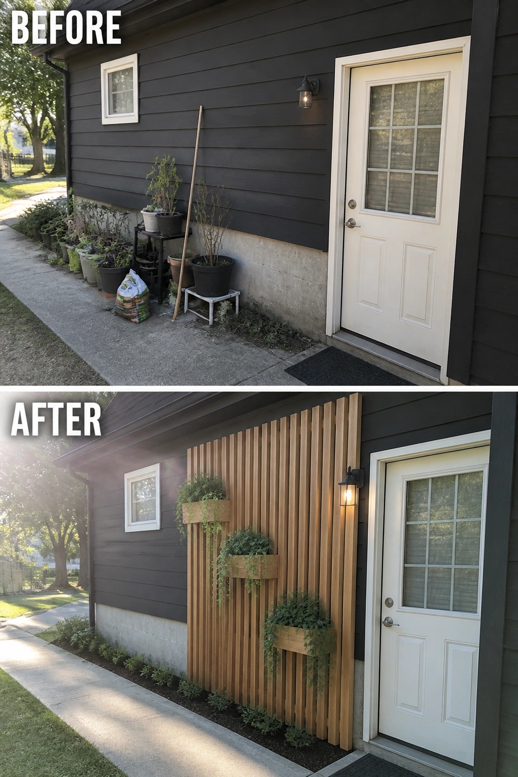 Before and after house entrance with wooden slat wall and hanging planters.