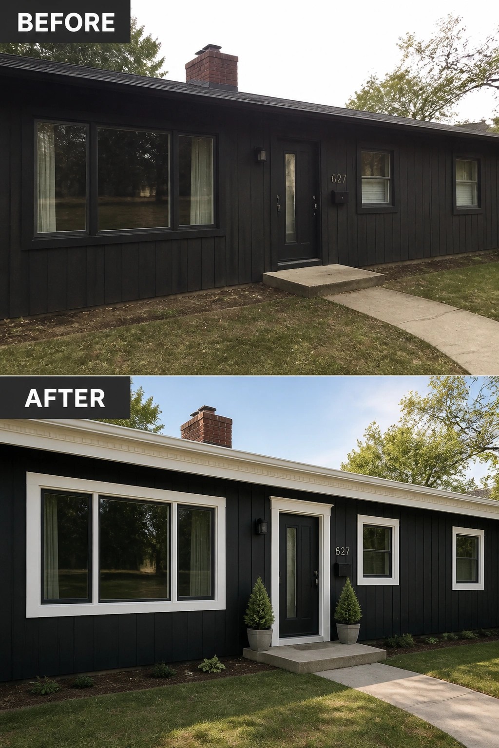 Before and after of black house with white trim, plants, and landscaping added.