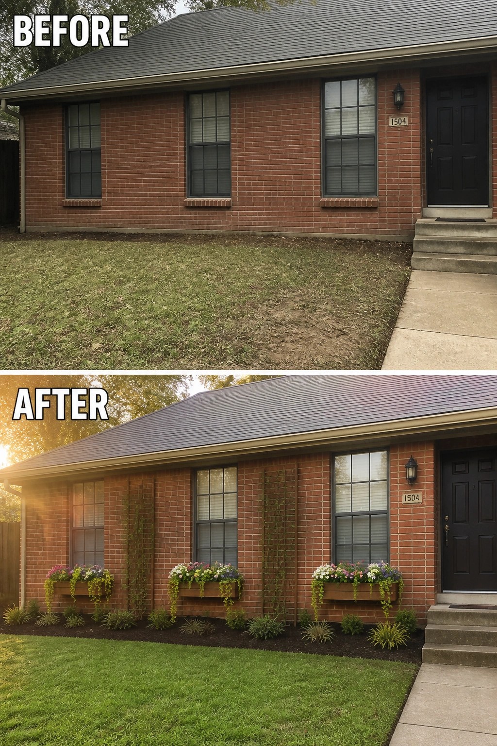Before-and-after image of a brick house exterior updated with window boxes, trellises, and foundation plantings.