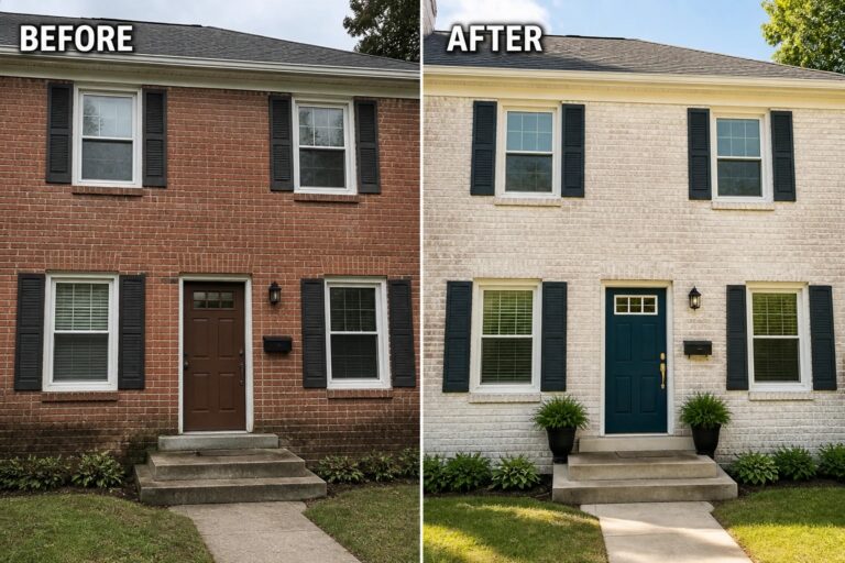 24 Fresh Exterior Renovation Ideas for Homes With Heavy Brick or Dark Siding Before-and-after image of a two-story brick house exterior painted from red to white with an updated front door color and added landscaping.