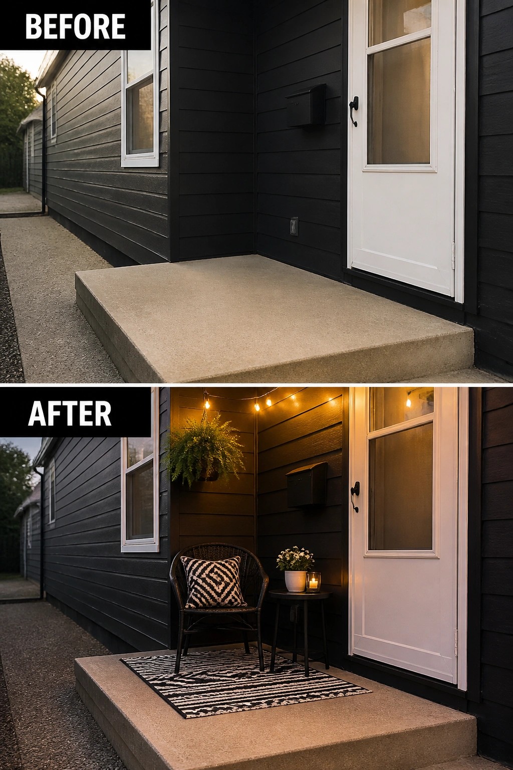Before-and-after porch makeover with string lights, wicker chair, rug and plants