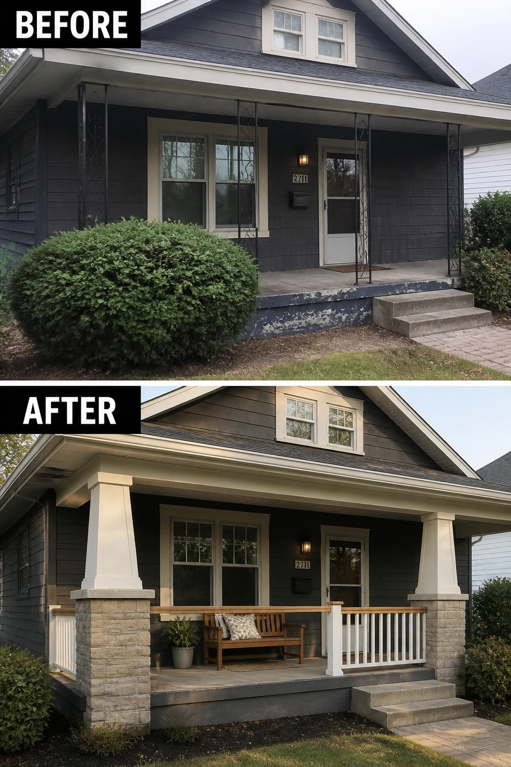 Before-and-after image of a front porch updated with white columns on stone bases, a wooden bench, and new railings.