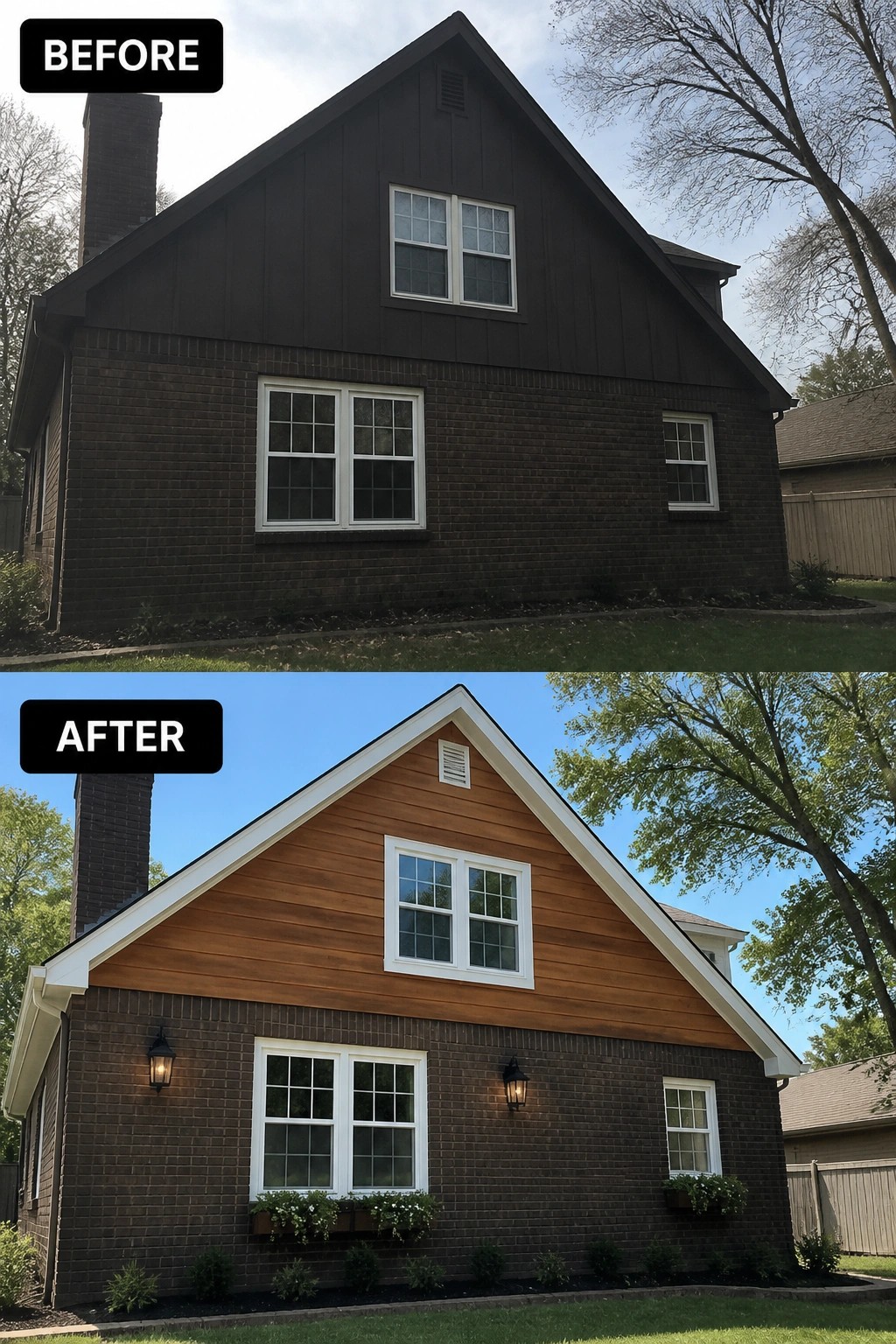 Before-and-after image of a house exterior where dark siding on the upper gable is replaced with lighter wood siding, white trim is added, and exterior lights with window boxes are installed.