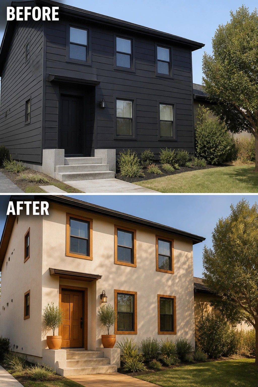 Before-and-after image of a house exterior updated from dark siding to a lighter paint color with wood trim added around the windows and door.