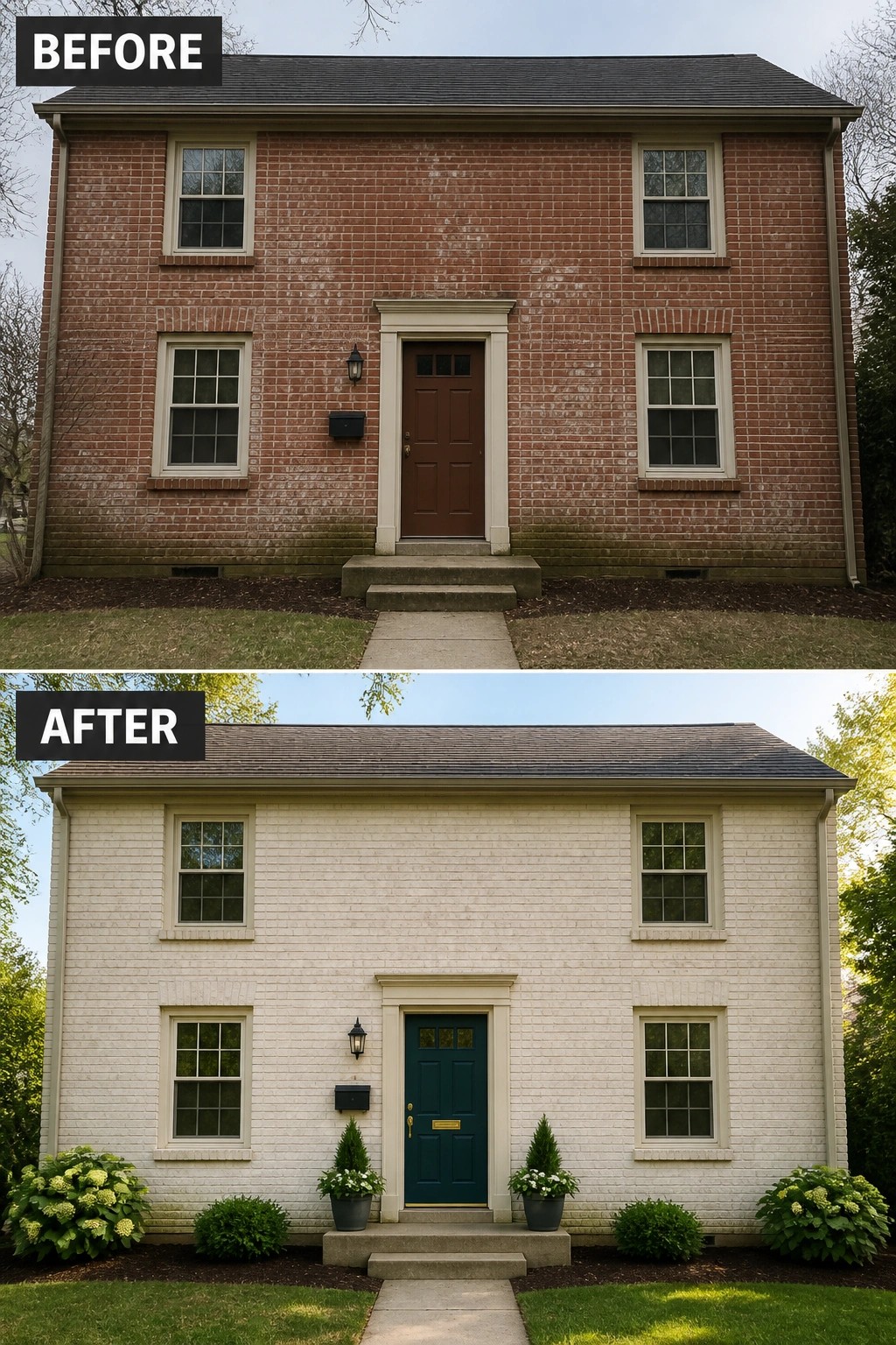 Before-and-after image of a two-story brick house exterior painted from red to white with an updated front door color and added landscaping.