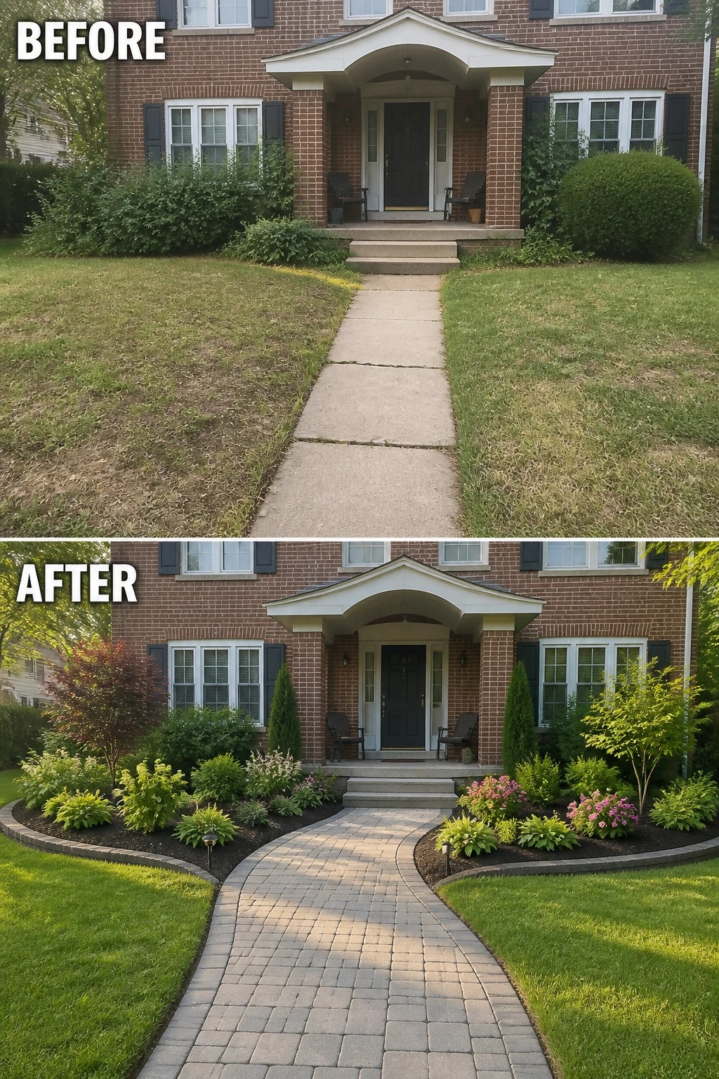 Before-and-after image of a brick home front showing a straight concrete walkway replaced by a curved paver path with new garden beds on both sides.