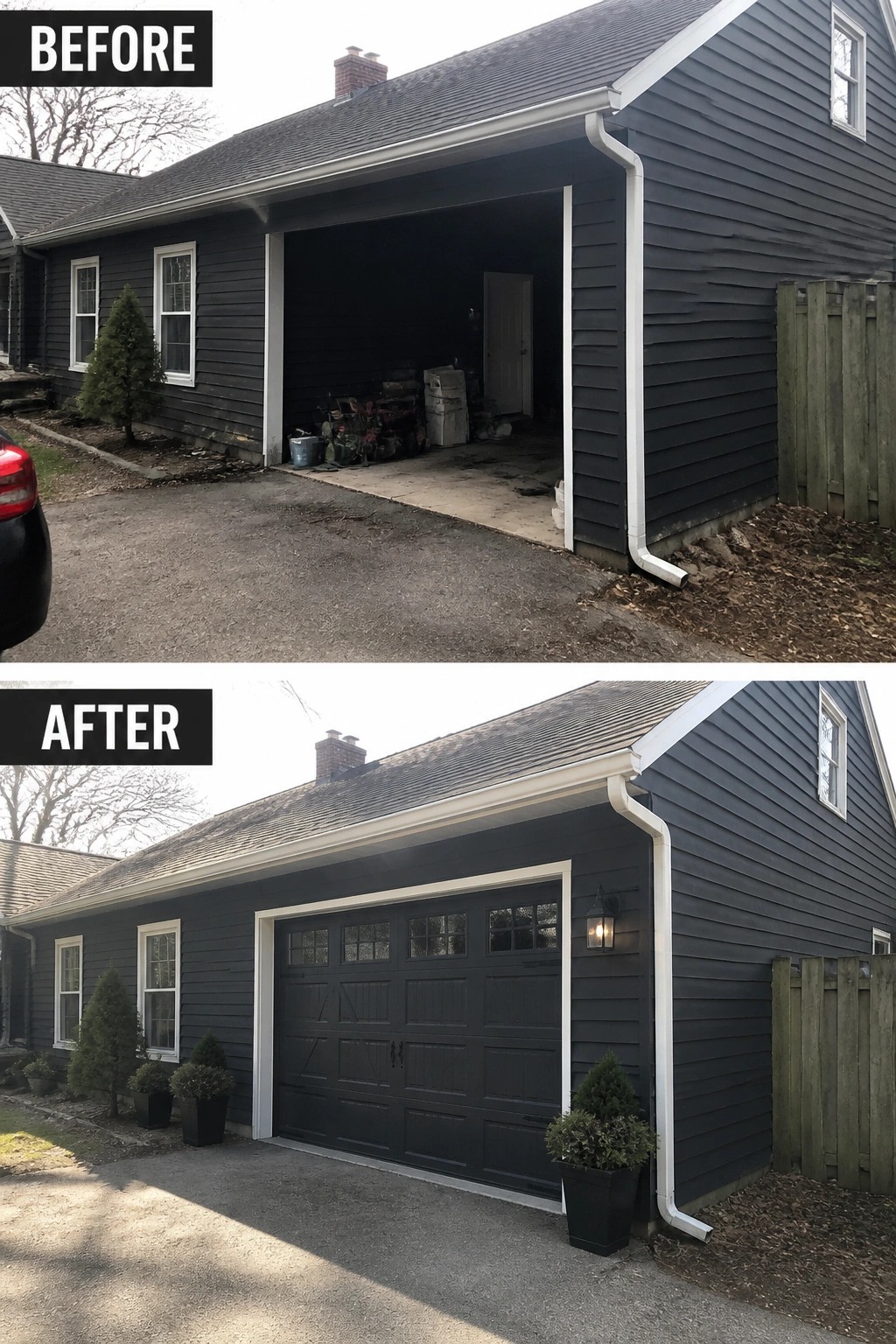 Before and after of dark gray house garage with new door and plants