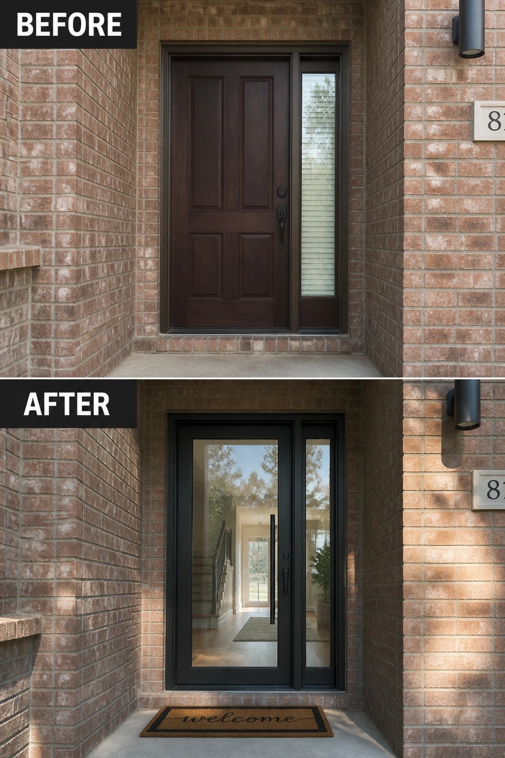 Before-and-after image of a dark wooden front door replaced with a modern black-framed glass door on a brick house.