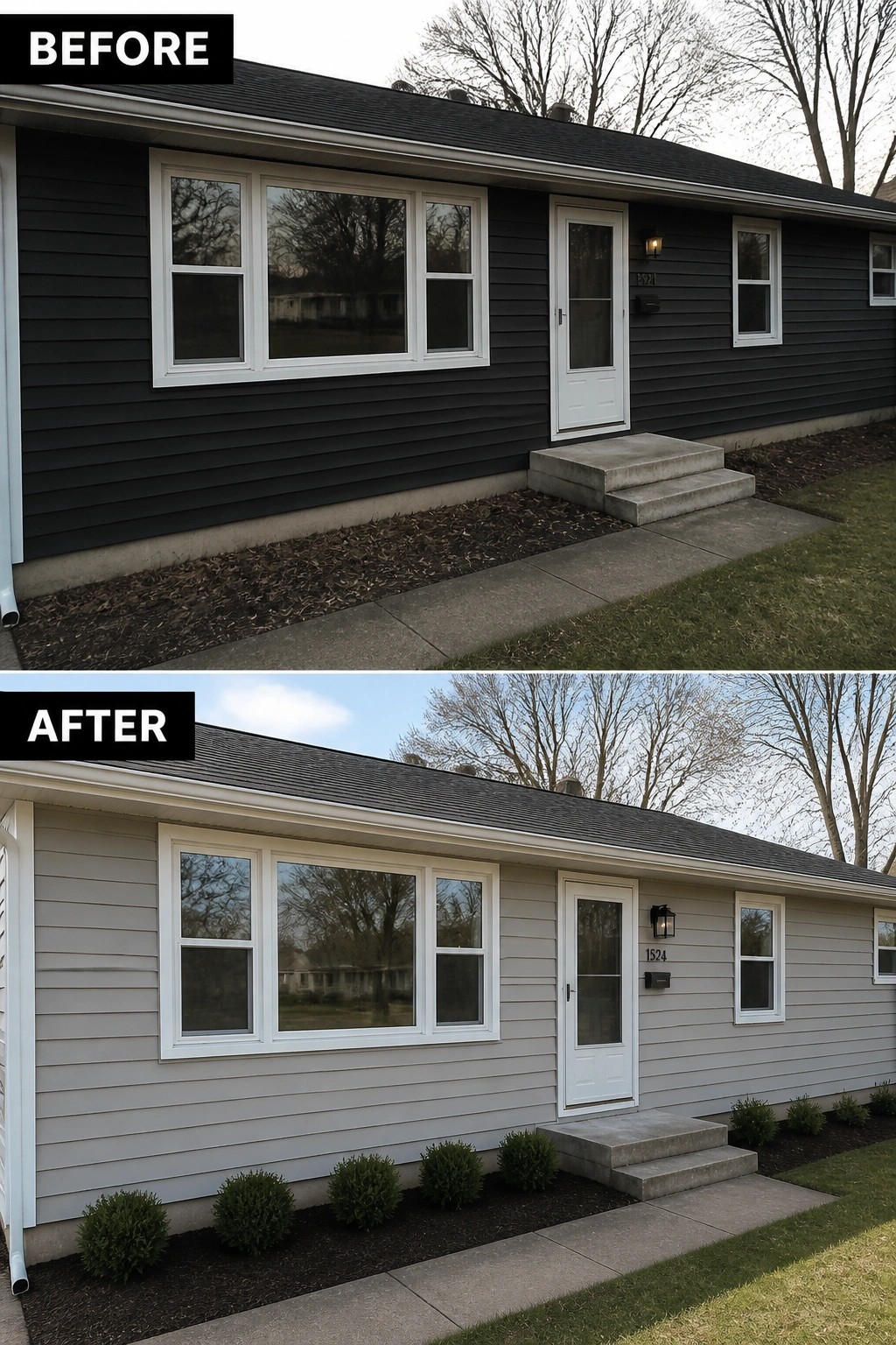 Before and after house exterior with new light siding and added shrubs