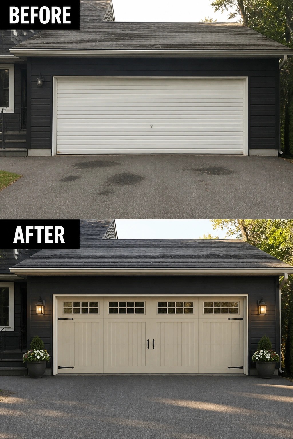 Before and after of dark house with white roll-up versus beige carriage garage doors