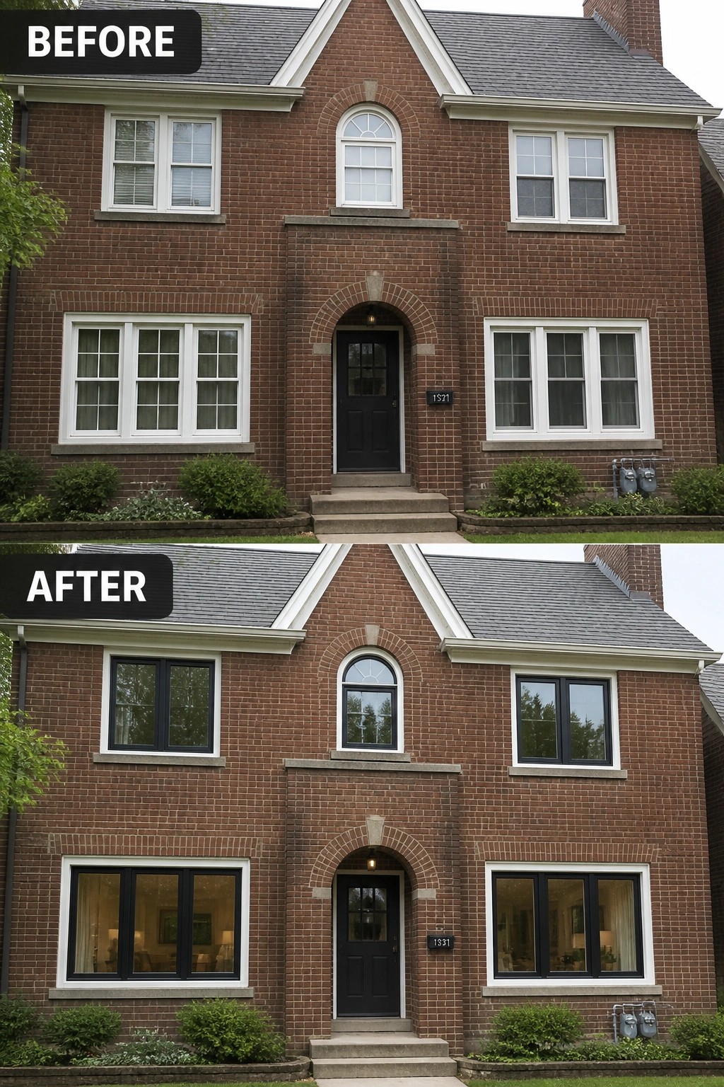 Before-and-after image of a brick house with white window frames updated to black frames.