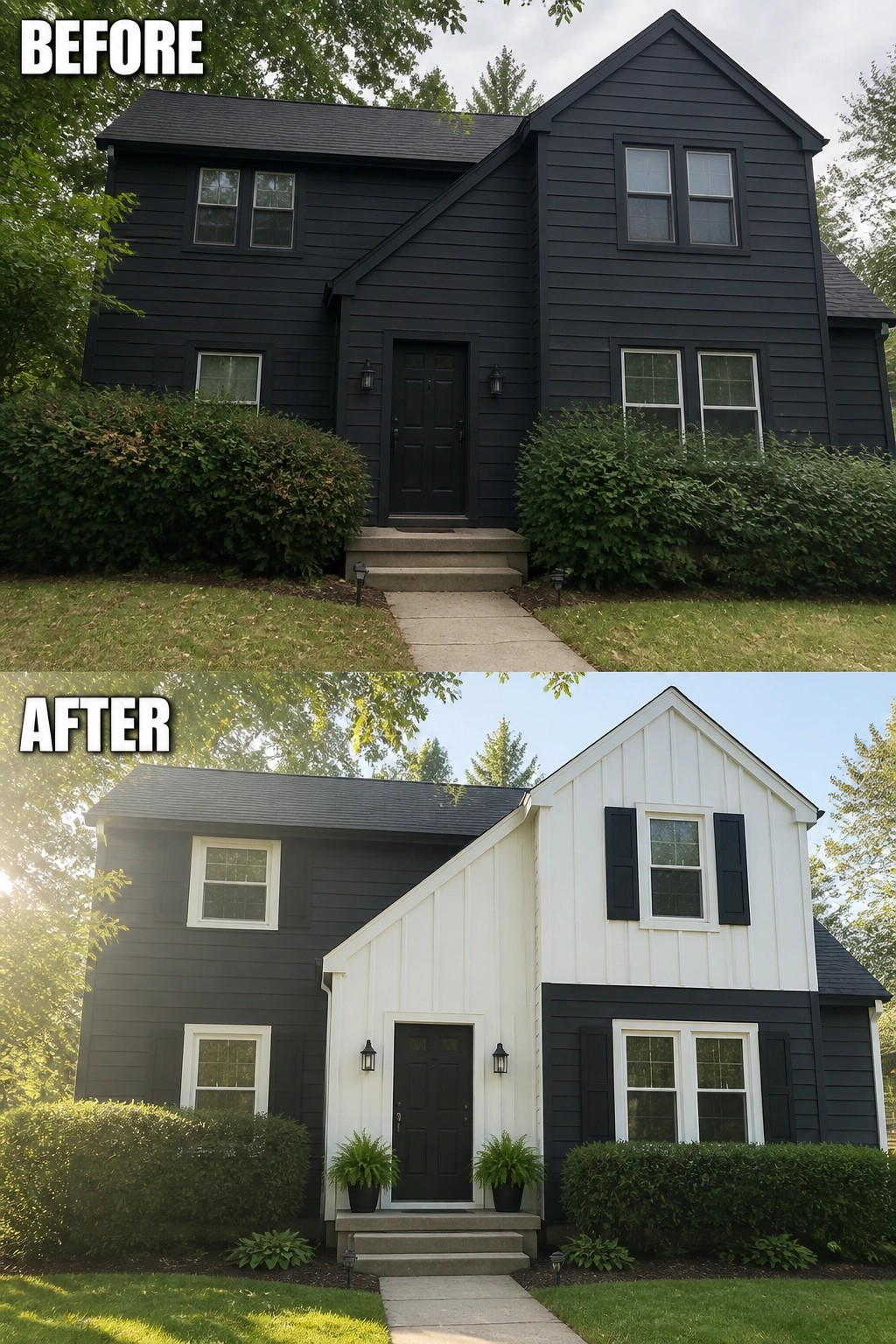 Before and after of dark house with white siding, black shutters, and plants added.