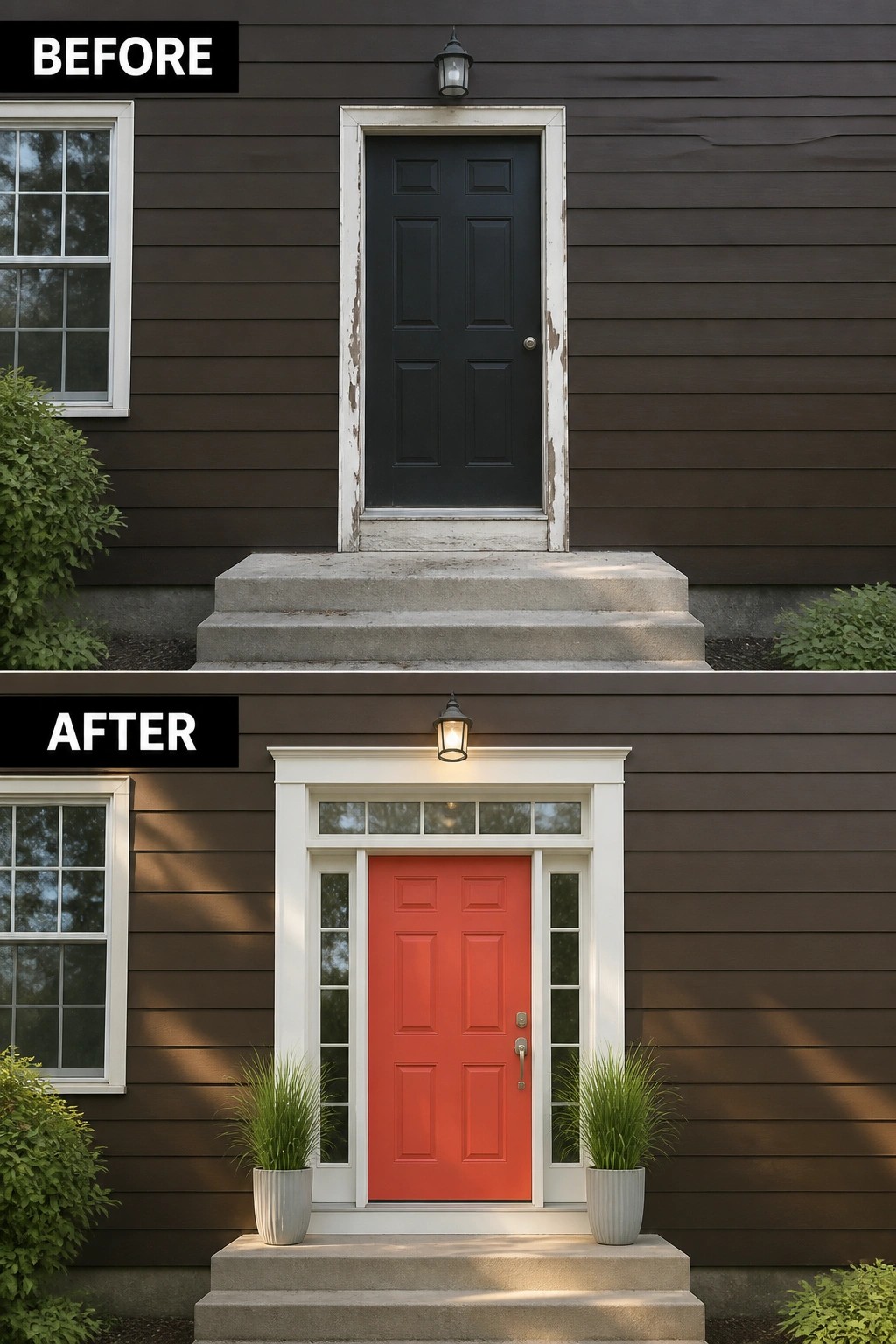 Before and after of front door painted black to red with white trim and plants
