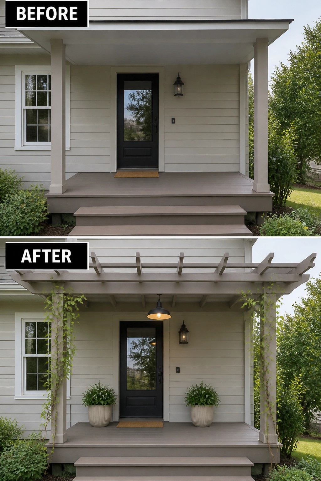 Before-and-after image of a front porch updated with a pergola, hanging light, and potted plants.