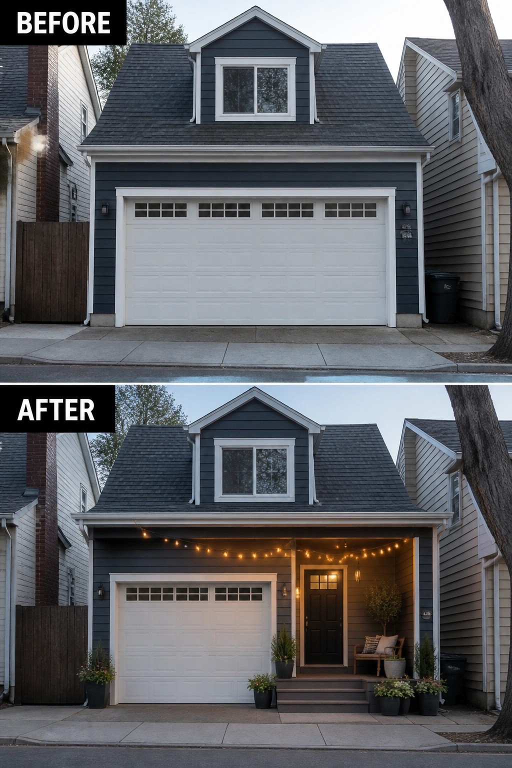 Before and after of dark blue house with added porch, lights, and landscaping.